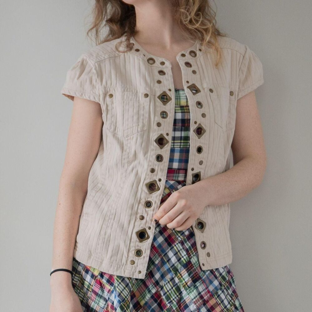 Y2K Grommeted Cotton Beige Cap Sleeve Boho Indie Summer Women's Light Jacket Top